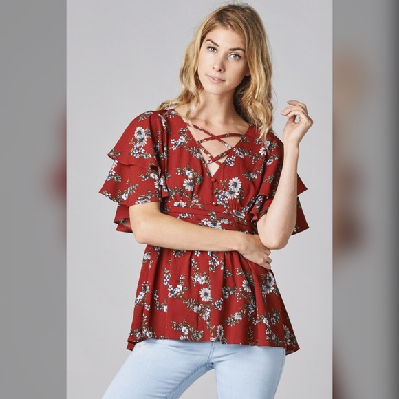 ❤️LAST 1! Rust Criss Cross Ruffle Peplum Top! - Picture 3 of 6